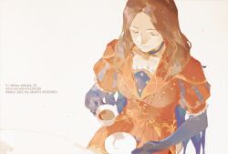 1girl blue_cape blue_collar blue_eyes blue_gloves blue_thighhighs breasts brown_hair brown_shirt cape choker closed_eyes closed_mouth collar cup elbow_gloves fate/grand_order fate_(series) feet_out_of_frame gauntlets gloves holding holding_staff kalak_39 lace-trimmed_sleeves lace_trim large_breasts layered_shirt legs_together leonardo_da_vinci_(fate) lips long_hair looking_at_viewer miniskirt outstretched_arm overskirt puff_and_slash_sleeves puffy_short_sleeves puffy_sleeves red_cape red_sash red_skirt sash shirt short_sleeves single_gauntlet single_glove skirt smile solo staff standing star_(symbol) thighhighs two-sided_cape two-sided_fabric underbust