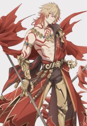 Rule 34 | 1boy, abs, arm tattoo, armor, armored boots, black coat, black pants, blonde hair, boots, braid, cape, chest tattoo, clawed gauntlets, coat, earrings, facial tattoo, gold earrings, gold necklace, gradient hair, hair between eyes, hashtag-only commentary, highres, honkai (series), honkai impact 3rd, jewelry, kujyo sk, male focus, medium hair, multicolored hair, mydei (honkai: star rail), necklace, open clothes, open coat, pants, pauldrons, red cape, red hair, red tattoo, shoulder armor, side braid, side cape, simple background, single pauldron, solo, tattoo, toned, toned male, white background, yellow eyes