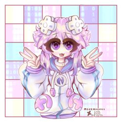 1girl absurdres artist_name binary choker d-pad d-pad_hair_ornament double_v hair_ornament highres hood hooded_track_jacket hoodie jacket jewelry looking_at_viewer madznoodlez neck_ring neptune_(neptunia) neptune_(series) purple_eyes purple_hair short_hair solo tongue tongue_out track_jacket usb v white_choker