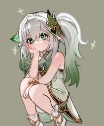 1girl absurdres bare_shoulders bracelet cross-shaped_pupils dress expressionless genshin_impact gradient_hair green_eyes green_hair grey_background grey_hair hair_between_eyes hair_ornament hand_on_own_cheek hand_on_own_face hashtag-only_commentary highres jewelry leaf_hair_ornament long_hair looking_at_viewer multicolored_hair nahida_(genshin_impact) pointy_ears seueo shoes side_ponytail sidelocks simple_background solo symbol-shaped_pupils white_dress white_shoes