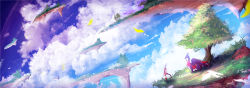 1girl amatsuki_rei bird blonde_hair blue_sky cloud day dragon dragon_tail fantasy floating_island flock grass highres long_hair original outdoors polearm red_footwear reins scenery signature sky spear standing tail tree weapon