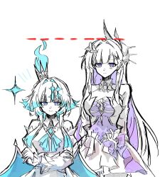 Rule 34 | 2girls, blue eyes, breasts, cerydra (honkai: star rail), cleavage, colored inner hair, crossed arms, crown, cutedogggggggg, dotted line, dress, expressionless, height difference, highres, honkai: star rail, honkai (series), hysilens (honkai: star rail), looking at viewer, mini crown, multicolored hair, multiple girls, partially colored, purple eyes, scales, simple background, upper body, white background