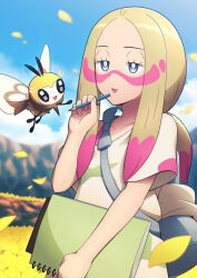 Rule 34 | 1girl, backpack, bag, blonde hair, blue eyes, blue sky, bra strap, bright pupils, collarbone, colored pencil, creatures (company), duffel bag, game freak, gen 7 pokemon, half-closed eyes, holding, holding notebook, holding pencil, long hair, mina (pokemon), nintendo, notebook, open mouth, outdoors, oversized clothes, oversized shirt, paint in hair, paint splatter, paint splatter on face, pencil, petals, pokemon, pokemon sm, ponytail, ribombee, shirt, sky, smile, solo, t-shirt, taba neruko, triangle mouth, upper body