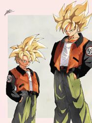 Rule 34 | 2boys, black jacket, blonde hair, cowboy shot, dragon ball, dragonball z, father and son, green eyes, green pants, grey background, hands in pockets, highres, jacket, looking at viewer, male focus, medium hair, multicolored jacket, multiple boys, muscular, muscular male, number pun, orange jacket, pants, pato007711, shirt, signature, simple background, son gohan, son goku, spiked hair, super saiyan, super saiyan 1, white shirt