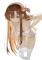 1girl absurdres adjusting_clothes adjusting_legwear armpits asuna_(sao) asymmetrical_bangs blush breasts brown_eyes brown_hair camisole chinese_commentary cleavage collarbone commentary_request cowboy_shot downblouse half_updo hand_on_own_hip highres lace_trim leaning_forward long_hair looking_at_viewer nagisa_(cxcx5235) off_shoulder orange_hair simple_background small_breasts solo sweatdrop sword_art_online thighhighs thighs white_camisole white_hair white_thighhighs