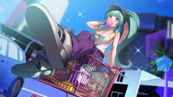 1girl 364ing absurdres aqua_hair baseball_cap belt black_belt black_hat blowing_bubbles breasts cali_calypso camisole character_doll chewing_gum cleavage collarbone hat heart highres indie_virtual_youtuber long_hair monster_girl palm_tree pants purple_eyes purple_nails purple_pants scylla second-party_source shoes shopping_cart sky solo tentacle_hair tree twitch.tv virtual_youtuber white_camisole white_shoes