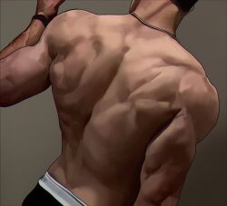Rule 34 | 1boy, arm up, back, back muscles, black hair, black male underwear, commentary request, cowboy shot, dutch angle, from behind, head out of frame, highres, jewelry, korean commentary, male focus, male underwear, necklace, original, short hair, simple background, solmuk0, topless male, underwear, veins, veiny arms