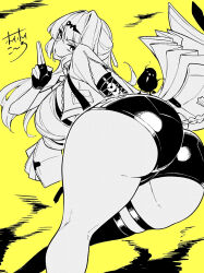 1girl alternate_breast_size ass ass_focus bird black_gloves breasts fingerless_gloves gloves greyscale greyscale_with_colored_background high-waist_shorts highres hoyhoy_colo huge_ass huge_breasts long_hair monochrome shorts single_thighhigh thigh_strap thighhighs thighs yellow_background yixuan_(zenless_zone_zero) zenless_zone_zero