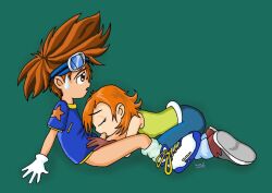 1boy 1girl closed_eyes digimon digimon_adventure gloves green_background hetero loli orange_hair short_hair shota simple_background takenouchi_sora yagami_taichi