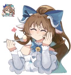 1girl ^_^ animal_ears arknights bare_shoulders bell blue_bow blush bow brown_hair chibi closed_eyes closed_mouth cropped_torso eating eyjafjalla_(arknights) eyjafjalla_the_hvit_aska_(a_picnic_before_a_long_trip)_(arknights) eyjafjalla_the_hvit_aska_(arknights) food fork grey_horns hair_bow hand_on_own_cheek hand_on_own_face hashtag-only_commentary highres holding holding_fork horns inset jingle_bell long_hair long_sleeves neck_bell novaisaclockcat official_alternate_costume sheep_ears sheep_girl sheep_horns simple_background smile white_background