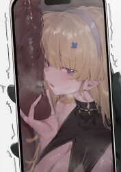 Rule 34 | 1boy, 1girl, bare shoulders, black collar, blonde hair, blush, breasts, caressing testicles, cellphone, cleavage, collar, commentary, dark-skinned male, dark skin, hair ornament, heart, heart in eye, highres, holding, holding phone, interracial, long hair, netorare, open mouth, penis, phoebe (wuthering waves), phone, purple eyes, saliva, saliva trail, screen, smartphone, symbol-only commentary, symbol in eye, testicle grab, testicles, wuthering waves, x hair ornament, xaea xp