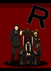 1990s_(style) 3boys arm_behind_back black_suit blouse blue_oak brindiamo collared_shirt crossed_arms formal_clothes full_body gangster giovanni_(pokemon) hair_between_eyes highres mafia male_focus mogiko multiple_boys nintendo orange_shirt own_hands_clasped own_hands_together pixiv_red poke_ball_symbol pokemon pokemon_rgby red_(pokemon) red_background retro_artstyle shirt simple_background sitting standing suit team_rocket throne white_shirt