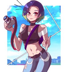 1girl absurdres armband bare_shoulders black_armband black_choker blue_hair bob_cut breasts brown_eyes camera choker crop_top denim gradient_hair grey_shirt highres holding holding_camera hoshinokotta index_finger_raised jeans loose_hair_strand medium_breasts midriff multicolored_hair nintendo pants perrin_(pokemon) photographer pokemon pokemon_sv ribbed_shirt shirt short_hair sleeveless sleeveless_shirt undershirt v-neck watch white_nails wristwatch