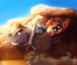 blue_eyes bright_pupils claws clothed_pokemon commentary day duckhina falinks gen_4_pokemon gen_6_pokemon gen_8_pokemon highres nintendo no_humans one_eye_closed outdoors piplup pokemon pokemon_(creature) riding riding_pokemon sand sitting sky standing tyrunt watermark