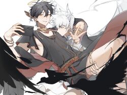 2boys ancient_greek_clothes angel angel_wings arm_around_neck belt bird bishounen black_bird black_cape black_feathers black_hair black_shirt black_shorts black_wings blue_eyes bracelet cape carrying cellphone chain cheng_xiaoshi cheng_xiaoshi_(angel) demon_boy demon_horns demon_wings earrings feathered_wings feathers gold_chain greco-roman_clothes halo head_wings highres holding holding_phone horns jewelry looking_at_another looking_at_viewer lu_guang lu_guang_(devil) male_focus moudiuhaodezhouqinghe multiple_boys necklace official_alternate_costume one_eye_closed parted_lips phone ponytail princess_carry red_belt ring robe selfie shiguang_dailiren shirt short_hair short_ponytail shorts simple_background sleeveless sleeveless_shirt smartphone smile thighlet traditional_halo two-sided_cape two-sided_fabric w white_background white_hair white_robe white_wings wings yaoi yellow_eyes