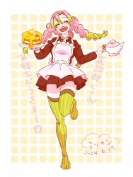 1girl apron black_dress blonde_hair catchmgck closed_eyes commentary_request dated dress eyelashes facing_viewer food hair_between_eyes highres holding holding_plate holding_teapot kanroji_mitsuri kimetsu_no_yaiba long_sleeves maid maid_apron multicolored_hair open_mouth pancake pancake_stack pink_hair plate solo standing standing_on_one_leg teapot teeth thighhighs translation_request two-tone_hair white_apron