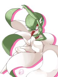 arm_up bob_cut colored_skin dress gardevoir gen_3_pokemon green_hair hair_over_one_eye looking_at_viewer multicolored_skin nintendo pokemon pokemon_(creature) red_eyes signature simple_background two-tone_skin white_background white_dress white_skin yunimaru