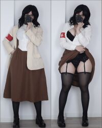 1girl armband black_hair black_panties camera cosplay epicinternetgf female_focus highres holding holding_camera long_hair looking_at_viewer multiple_views panties pieck_finger pieck_finger_(cosplay) real_life shingeki_no_kyojin standing thigh_strap underwear