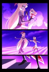 Rule 34 | 1boy, 1girl, blonde hair, blush stickers, commentary, couple, dancing, demon boy, demon girl, english commentary, english text, hair slicked back, hazbin hotel, hetero, highres, husband and wife, lilith (hazbin hotel), looking at another, lucifer morningstar (hazbin hotel), reminoaa