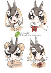 Rule 34 | absurdres, alternate costume, alternate hairstyle, animal ears, bow, bowtie, brown eyes, brown hair, cape, chipmunk ears, chipmunk girl, extra ears, hair bun, highres, hood, hoodie, kanmoku-san, kemono friends, kemono friends 3, long hair, looking at viewer, ribbon, shirt, short hair, siberian chipmunk (kemono friends), simple background, sweater, translation request, turtleneck, white hair