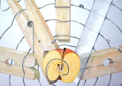 acrylic_paint_(medium) apple clothes_pin food fruit glass knot metal_wire no_humans original oversized_object painting_(medium) seed senzaki-ryosuke simple_background spiral still_life traditional_media white_background wire