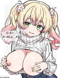 1girl areola_slip artist_name asami-chan bandaid bandaids_on_nipples blonde_hair blue_pants blush breasts breath cleavage clothes_lift covering_breasts covering_privates denim english_text fang fingernails flower gradient_hair green_eyes hair_between_eyes hair_flower hair_ornament heavy_breathing highres hololive huge_breasts long_hair long_sleeves looking_at_viewer momosuzu_nene multicolored_hair nail_polish nervous_smile open_mouth orange_nails pants pasties pink_flower pink_hair ribbed_sweater skin_fang smile solo sweatdrop sweater sweater_lift twintails two-tone_background two-tone_hair virtual_youtuber white_background white_sweater
