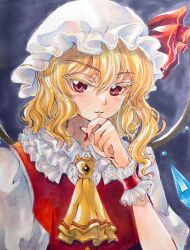 1girl ascot blonde_hair bow crystal crystal_wings flandre_scarlet ghmfly8_(mitou) grin hat hat_bow highres long_hair looking_at_viewer mob_cap multicolored_wings red_bow red_eyes red_vest shirt skirt skirt_set smile solo touhou traditional_media vest white_hat wings yellow_ascot