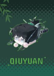 absurdres ball_hands black_hair character_name closed_mouth commentary_request cube_(wuthering_waves) green_background green_ribbon grey_eyes hair_ribbon highres holding multicolored_hair no_humans qiuyuan_(wuthering_waves) ribbon shigureszku streaked_hair wuthering_waves