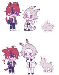 2boys ? ahoge alternate_eye_color animal_ears aotsuki_eito black_gloves black_pants black_shoes blue_eyes brown_jacket cat_boy cat_ears cat_tail chinese_commentary closed_mouth coat commentary_request crossed_arms deformed drawstring glasses gloves grey_hair hair_between_eyes height_difference hood hood_down hoodie jacket jacket_over_hoodie kemonomimi_mode male_focus multicolored_hair multiple_boys no_sclera open_clothes open_jacket open_mouth pale_skin pants purple_eyes rabbit rabbit_boy rabbit_ears rabbit_tail raised_eyebrow red_hair semi-rimless_eyewear shoes simple_background sitting smile sparkle streaked_hair sumino_takumi sweat tail tareme the_hundred_line_-last_defense_academy- thigh_strap tsurime two-tone_hair white_background white_coat white_hoodie white_pants white_shoes xiang_chi_haoduo_fan