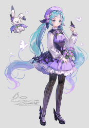 1girl absurdres aqua_eyes aqua_hair beret black_pantyhose black_shoes blush bouquet bug butterfly butterfly_on_hand chinese_commentary closed_mouth commentary_request creature dated dress flower full_body gradient_hair grey_background hair_flower hair_ornament hat hatsune_miku highres holding holding_bouquet insect layered_dress long_hair long_sleeves memory_mie multicolored_hair nail_polish pantyhose platform_heels puffy_long_sleeves puffy_sleeves purple_eyes purple_flower purple_hat rabbit rabbit_yukine shoes signature simple_background solo standing twintails very_long_hair violet_(flower) vocaloid