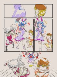 3girls 4koma ^^^ afterimage angel_wings anger_vein angry animal_ears barefoot blonde_hair blouse blue_hair blush boots brown_hat chamaruk comic commentary_request dress earclip flat_cap fleeing floppy_ears grey_hair grey_wings hand_on_own_face hat highres holding jacket juliet_sleeves kine kishin_sagume long_dress long_sleeves looking_at_another mallet medium_dress motion_lines multiple_girls nose_blush open_clothes open_jacket open_mouth puffy_sleeves purple_dress rabbit_ears rabbit_tail red_eyes ringo_(touhou) running seiran_(touhou) shirt short_hair short_sleeves shorts silent_comic single_wing socks sound_effects squatting standing surprised tail tail_grab touhou twintails wings