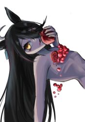 1girl ahoge animal_ears black_hair colored_skin eyes_visible_through_hair food food_on_body food_on_breasts food_on_face fruit grey_hair grey_skin hair_between_eyes hand_up highres holding holding_food holding_fruit horse_ears horse_girl leaning_back long_hair long_hair_between_eyes manhattan_cafe_(umamusume) multicolored_hair narrow_waist nude pomegranate seoyoung7770 simple_background solo umamusume very_long_hair white_background yellow_eyes