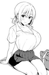 Rule 34 | 1girl, bag, blush, breasts, cleavage, hair ribbon, highres, huge breasts, looking at viewer, medium hair, monochrome, original, ribbon, sena (yue show-ei), short shirt, sitting, skirt, smile, solo, tagme, thighs, twintails, uniform, white background, yue (show-ei)