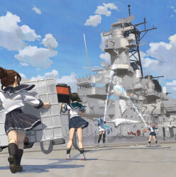 4girls battleship black_hair black_sailor_collar black_thighhighs blue_hair brown_hair carrying cloud drydock folded_ponytail fubuki_(kancolle) hair_bobbles hair_ornament highres holding holding_crate holding_hose hose inazuma_(kancolle) kantai_collection long_hair long_sleeves military_vehicle multicolored_hair multiple_girls phalanx_ciws pink_hair pleated_skirt ponytail ribbon_bar sailor_collar samidare_(kancolle) sazanami_(kancolle) school_uniform serafuku ship ship_turret shirt short_hair short_ponytail short_sleeves side_ponytail sidelocks skirt sky sleeveless sleeveless_shirt smokestack spraying thighhighs uss_missouri_(bb-63) very_long_hair warship washing_vehicle watercraft ye_fan