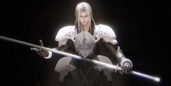 2boys aged_down armor black_background black_coat black_gloves black_jacket bracelet closed_mouth coat commentary_request dual_persona facing_down final_fantasy final_fantasy_vii final_fantasy_vii_ever_crisis gloves green_eyes grey_hair highres holding holding_sword holding_weapon jacket jewelry long_hair looking_at_viewer male_focus masamune_(ff7) multiple_boys parted_bangs sephiroth sephiroth_(ever_crisis) short_hair shoulder_armor sword sxzz1597 upper_body weapon