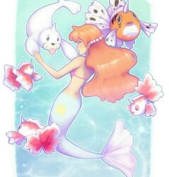 1girl artist_request bikini breasts earrings gen_1_pokemon goldeen hair_ornament jewelry kiss long_hair mermaid mermaid_costume mermaid_misty_(pokemon) misty_(pokemon) monster_girl necklace nintendo orange_hair pokemon pokemon_(anime) pokemon_(classic_anime) seaking seashell seel shell shell_bikini small_breasts source_request swimsuit underwater