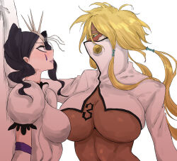 arrancar back_against_wall bleach blonde_hair blush breast_tattoo breasts cirucci_sanderwicci cleavage colored_eyelashes cropped_jacket dark-skinned_female dark_skin elbow_gloves espada gloves green_eyes highres large_breasts medium_breasts number_tattoo pandakorya shiny_skin sidelocks simple_background tattoo tier_harribel underboob white_background