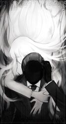 1boy 1girl angelica_(project_moon) claws closed_eyes collared_shirt commentary_request distortion floating_hair ghost greyscale hand_up highres hug hug_from_behind husband_and_wife library_of_ruina long_hair long_sleeves monochrome necktie project_moon rinne_(poyonpoyon_o0) roland_(project_moon) shirt sidelocks very_long_hair