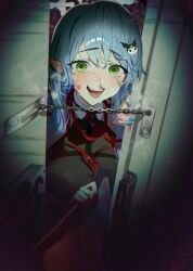 1girl absurdres bandaid bandaid_on_face black_shirt blood blue_archive blue_nails breasts crying crying_with_eyes_open green_eyes hair_between_eyes hair_ornament highres holding holding_shield large_breasts long_hair looking_at_viewer mine_(blue_archive) nosebleed open_mouth pointy_ears shield shirt sidelocks solo tears yandere ziki_(gkdlfnzo1245)