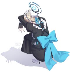 1girl absurdres akanora apron black_dress black_gloves blonde_hair blue_archive blue_halo blue_nails blue_ribbon boots braid breasts bun_cover cat_shadow_puppet_(meme) different_shadow double_w dress fingerless_gloves from_behind gloves hair_bun hair_ribbon hairband half_up_braid halo high_heel_boots high_heels highres juliet_sleeves long_sleeves maid maid_apron maid_headdress medium_breasts meme puffy_sleeves ribbon shadow shadow_puppet shoes solo squatting toki_(blue_archive) w white_apron white_hairband white_shoes