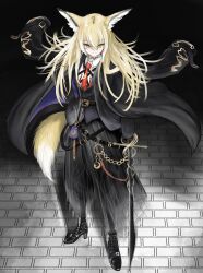 Rule 34 | 1girl, absurdres, arknights, black boots, black coat, black jacket, black pantyhose, black skirt, black vest, blonde hair, boots, brown gloves, closed mouth, coat, eania s, fox girl, fox tail, gloves, hair between eyes, high heel boots, high heels, highres, holding, holding sword, holding weapon, jacket, long hair, necktie, orange eyes, pantyhose, red necktie, scar, scar on face, shirt, sidelocks, skirt, smile, solo, sword, tail, vest, vulpisfoglia (arknights), weapon, white shirt