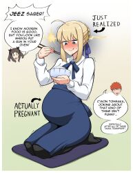 1boy 2girls absurdres artoria_pendragon_(fate) black_hair blonde_hair blush chibi couple emiya_shirou english_text fate/stay_night fate_(series) food food_in_mouth hetero highres multiple_girls pantyhose pregnant red_hair saber_(fate) tohsaka_rin tsukijitums