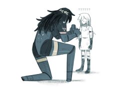 2girls ? ?? android ange_(angeban93) ariane_yeong arm_tattoo bandaged_arm bandages bandaid bandaid_on_cheek bandaid_on_face bandaid_on_forehead bandaid_on_nose barcode barcode_tattoo black_hair commentary covered_eyes digitigrade dress english_commentary falke_(signalis) hair_between_eyes highres jewelry joints laurel_crown long_hair marriage_proposal mechanical_arms mechanical_legs multiple_girls no_feet on_one_knee parted_bangs ring ring_box robot_joints shirt signalis simple_background sketch tall_female tattoo wedding_ring white_background white_dress white_hair white_shirt