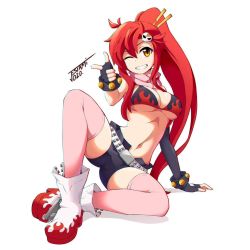 1girl ;) arm_support artist_name bare_shoulders belt bikini bikini_top_only black_gloves black_shorts boots breasts chromatic_aberration commentary elbow_gloves english_commentary finger_gun fingerless_gloves flame_print gloves grin hair_ornament high_ponytail jestami long_hair medium_breasts navel on_one_knee one_eye_closed pink_scarf pink_thighhighs pointing pointing_at_viewer ponytail print_bikini red_hair scarf short_shorts shorts sidelocks signature simple_background single_elbow_glove sitting skull_hair_ornament smile solo stomach studded_belt swimsuit teeth tengen_toppa_gurren_lagann thighhighs thighs underboob very_long_hair white_background white_boots yellow_eyes yoko_littner