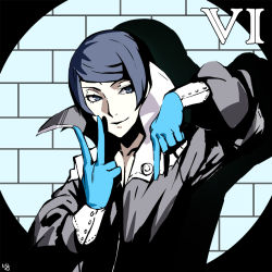 10s 1boy blue_eyes blue_gloves blue_hair club3 gloves index_finger_raised kitagawa_yuusuke male_focus persona persona_5 shadow smile solo upper_body v