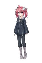 Rule 34 | 1girl, black bow, boots, bow, complets, hair bow, hasuna (the guts!), long hair, long sleeves, lowres, pants, red hair, solo, the guts! -maximum maternity-, twintails, white bow