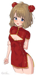 Rule 34 | 1girl, ahoge, arm behind back, blue eyes, blush, breasts, brown hair, bun cover, china dress, chinese clothes, cleavage cutout, clothing cutout, covered navel, cowboy shot, cropped legs, double bun, dress, ebifu, hair bun, hand on own arm, highres, idolmaster, idolmaster million live!, long hair, open mouth, red dress, short hair, short sleeves, simple background, small breasts, solo, standing, suou momoko, twitter username, white background