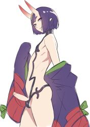 1boy bare_shoulders black_fundoshi bob_cut cowboy_shot erection eyeliner fate/grand_order fate_(series) fundoshi genderswap genderswap_(ftm) headpiece highres horns japanese_clothes kimono looking_at_viewer makeup male_focus mokotoko9 oni open_clothes open_kimono penis purple_eyes purple_hair purple_kimono revealing_clothes short_eyebrows short_hair shuten_douji_(fate) simple_background skin-covered_horns smile solo trap white_background