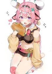 1girl ahoge animal_ears bare_shoulders barefoot black_hairband black_skirt blue_hair breasts brown_sleeves commentary_request cow_ears cow_girl cow_horns crop_top detached_sleeves drooling food genshin_impact hair_between_eyes hair_intakes hairband hand_up heart highres holding holding_food horns large_breasts long_hair long_sleeves looking_at_viewer mochi_nabe mouth_drool multicolored_hair navel open_mouth pink_hair pleated_skirt puffy_long_sleeves puffy_sleeves purple_eyes seiza simple_background sitting skirt solo sparkle streaked_hair varesa_(genshin_impact) very_long_hair white_background