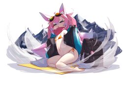 1girl absurdres animal_ears ass bare_legs bare_shoulders barefoot bikini blue_eyes blush breasts fox_ears fox_girl frilled_jacket frills full_body goggles goggles_on_head hair_between_eyes half-closed_eyes hand_up head_tilt highres indie_virtual_youtuber jacket long_bangs long_hair long_sleeves looking_at_viewer mountain navel open_clothes open_jacket open_mouth orange_bikini outdoors pink_hair seductive_smile shippitsu side-tie_bikini_bottom sidelocks sitting sleeves_past_wrists small_breasts smile solo swimsuit teletha_(vtuber) thighs undressing very_long_hair
